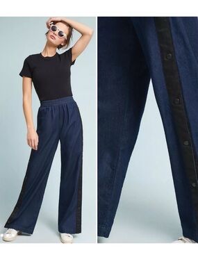 Anthropologie 3x1 Snap Off Track Denim Pants Size Large Wide Leg Dark Wash